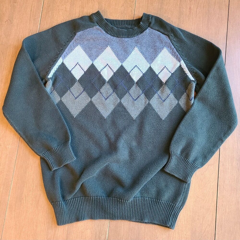 Vtg 90s Argyle Grandpa Sweater Crew Neck Knit Pullover Mens Large